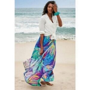 Soft Surroundings Reethi Bay Viscose Maxi Skirt Tropical Palms Print